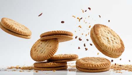 Crackers falling on a white background with splashes of coffee.の素材