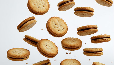 Crackers falling on a white background. Biscuits falling in the air.の素材