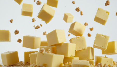 Pieces of cheese falling into the air on a white background.の素材