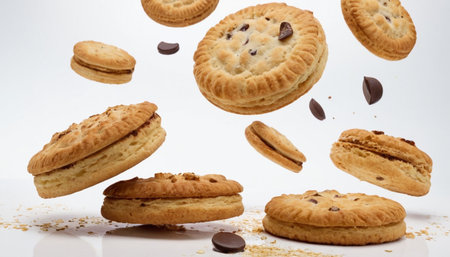 Chocolate chip cookies falling into the air on a white background.の素材
