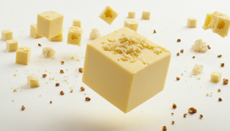 Pieces of broken white chocolate on a white background, top viewの素材