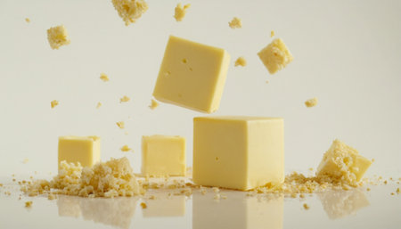 Pieces of cheese falling on a white background. Shallow depth of field.の素材