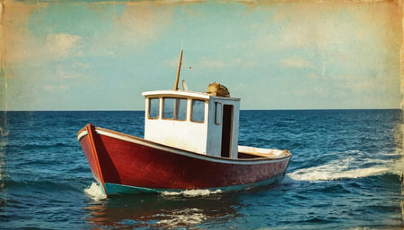 Fishing boat in the sea. Vintage style. Photo in old image style.の素材