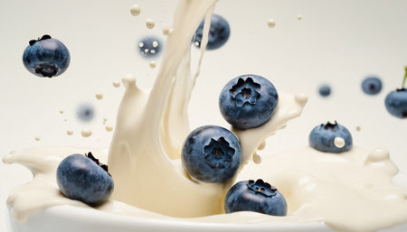 Milk splash with blueberries on white background, close-upの素材