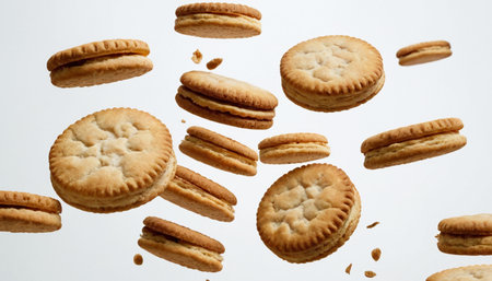 Cookies falling into the air on a white background. Studio shot.の素材