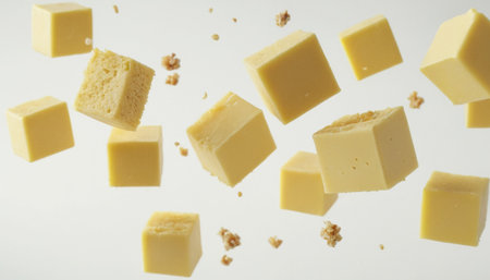 Pieces of cheese falling on a white background. Toned.の素材
