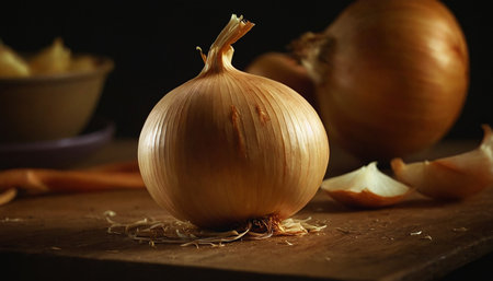 Onion on a wooden cutting board with onions in the background.の素材