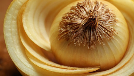 Sliced onion on wooden table, closeup. Organic foodの素材