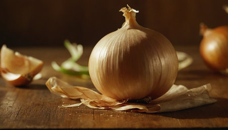 Onion on wooden table, closeup. Vegetables on wooden backgroundの素材