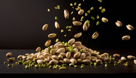 Flying pistachios on a black background. Pistachio is a healthy vegetarian protein nutritious food.の素材