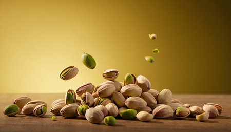 Pistachio nuts falling on wooden table and yellow background.の素材