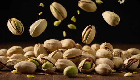 Flying pistachios on a wooden background. Pistachio is a healthy vegetarian protein nutritious food.の素材