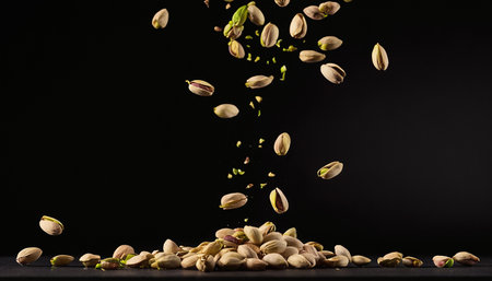 Flying pistachios on a black background. Pistachio is a healthy vegetarian protein nutritious food.の素材