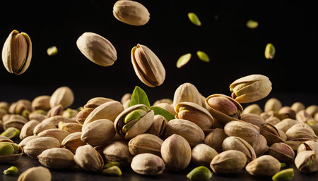 Pistachios on a black background. Pistachios are scattered on a black surface.の素材