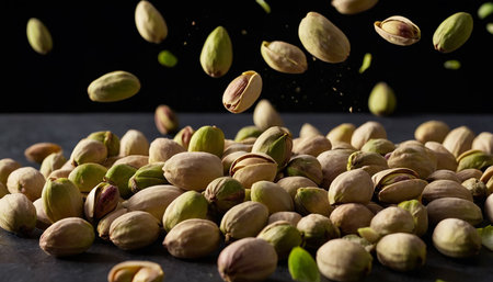Flying pistachios on a black background. Pistachio is a healthy vegetarian protein nutritious food.の素材