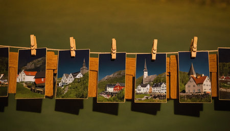 photo, collage, string, white, clothespin, europa, house, nature, resort, rock, sunset, vacation, architecture, background, building, landscape, mountain, town, travel, tree, tourの素材