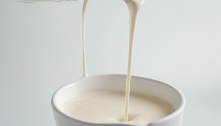 Pouring milk into a white cup on a white background, close-upの素材