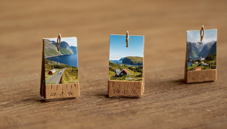 Wooden clothespins with photos on the background of the mountain landscapeの素材