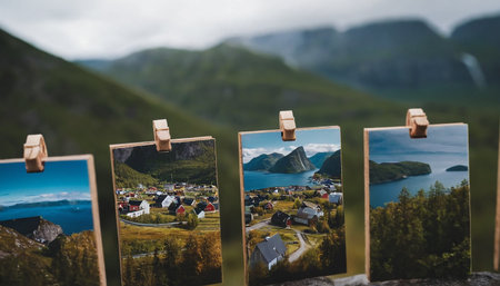 travel pictures on the background of mountains and fjord in Norwayの素材