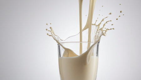 pouring milk into a glass, isolated on white background, studio shotの素材
