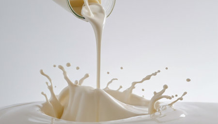pouring milk splash isolated on white background, closeup of photoの素材