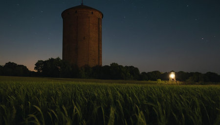 Old water tower in the field at night with stars in the skyの素材