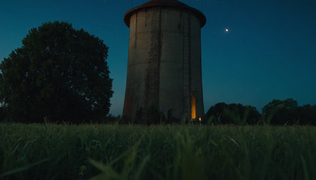 Old water tower in the field at night with moon and stars.の素材