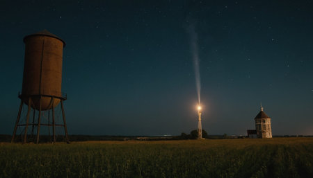 Night landscape with milky way and old water tower in the fieldの素材