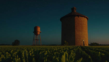 Old abandoned water tower in a field at night. 3d renderingの素材