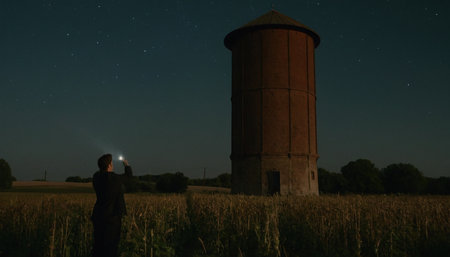 Man looking at the starry sky over an old water tower.の素材
