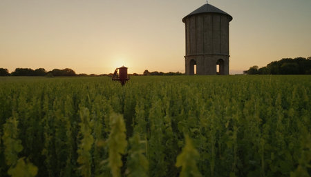 Sunset over a corn field with a water tower in the foregroundの素材
