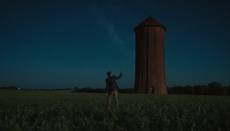Man standing in front of a water tower in the field at nightの素材