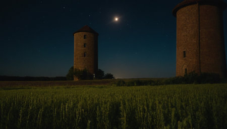Old towers in the field at night with the moon in the skyの素材