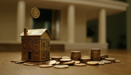 Miniature house and coins on the table. Real estate concept.の素材