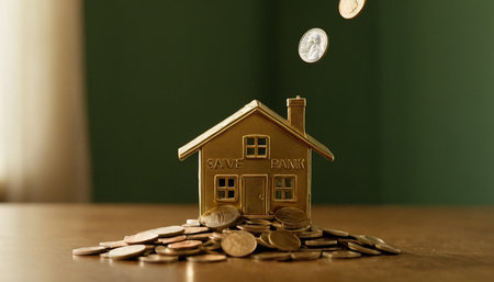 Mortgage concept by house from coins. Real estate business.の素材