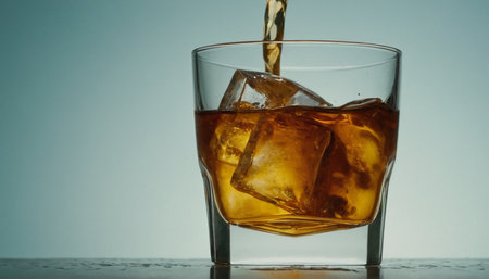 whiskey with ice in a glass on a light blue backgroundの素材