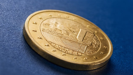One euro coin on blue background. Close-up, macro.の素材