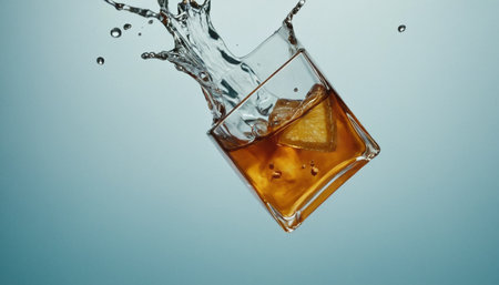 whiskey splashing into a glass with ice cubes on blue backgroundの素材