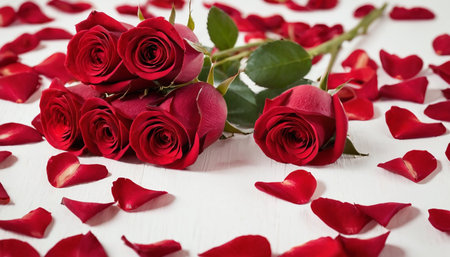 Red roses and petals on white wooden table. Valentines day backgroundの素材