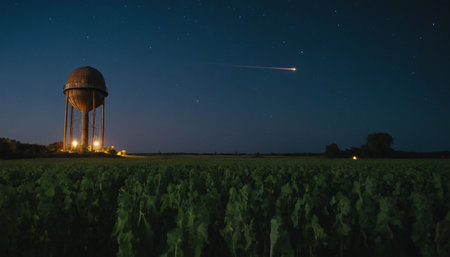 milk tank in the field at night with stars in the skyの素材