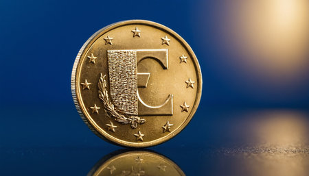 Euro coin with euro symbol on dark blue background. Euro currency.の素材
