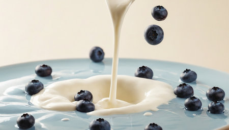 Pouring milk into bowl with blueberries on beige background, closeupの素材