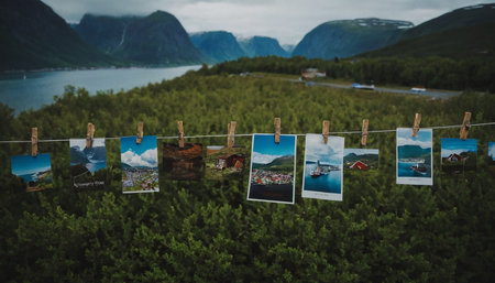 Norway travel images on clothesline with mountains and fjord in the backgroundの素材