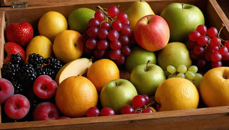 Variety of fruits in wooden box, closeup. Healthy foodの素材