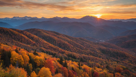 Mountain autumn landscape with colorful forest. View from the top of the mountain.の素材