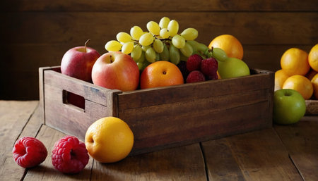 Fresh fruits in a wooden box on a rustic wooden background.の素材
