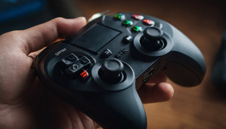 Hand holding a game controller on a dark background. Close-up.の素材