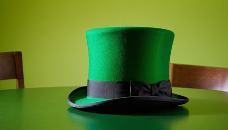 Green top hat with black ribbon on a green background with wooden chairの素材
