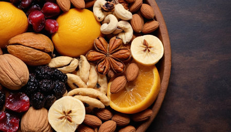 Healthy food background. Assortment of dried fruits and nuts on wooden tableの素材