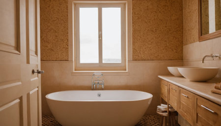 Interior of a bathroom with a white bathtub and a mirrorの素材